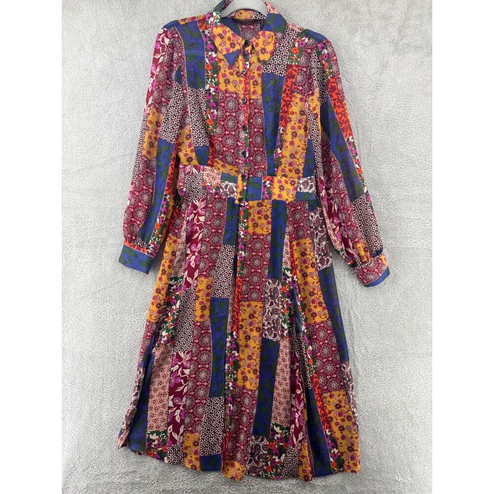 GILI Top Womens XXS Red Blue Patchwork Boho Sheer Button Up Midi Length Slit